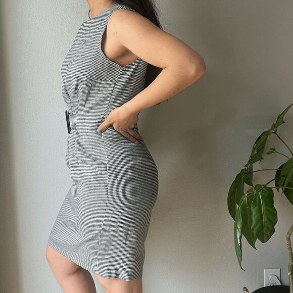 Vtg deadstock 90s Marnie West black‎ white houndstooth fitted belt dress size 10 - Picture 4 of 8